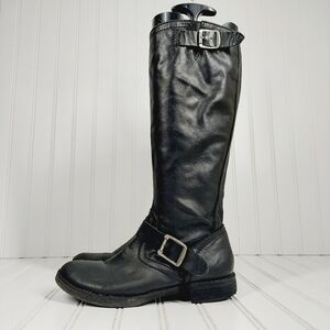 Civico 10 Black Leather Side Zip Buckles Knee High Riding Boots B507